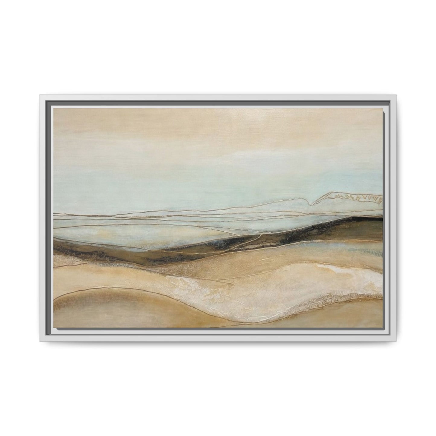 Framed Matte Canvas Wall Art — Neutral Abstract Landscape in Soft Blues & Earth Tones