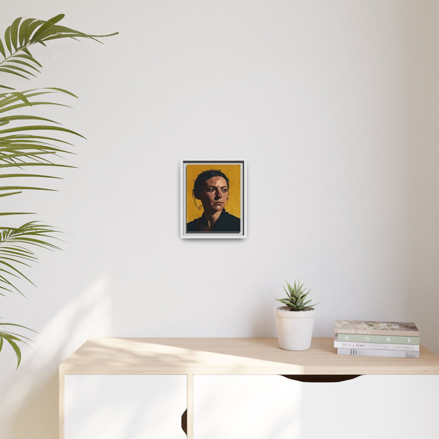 Framed Matte Canvas Portrait Art — Moody Woman on Mustard Background