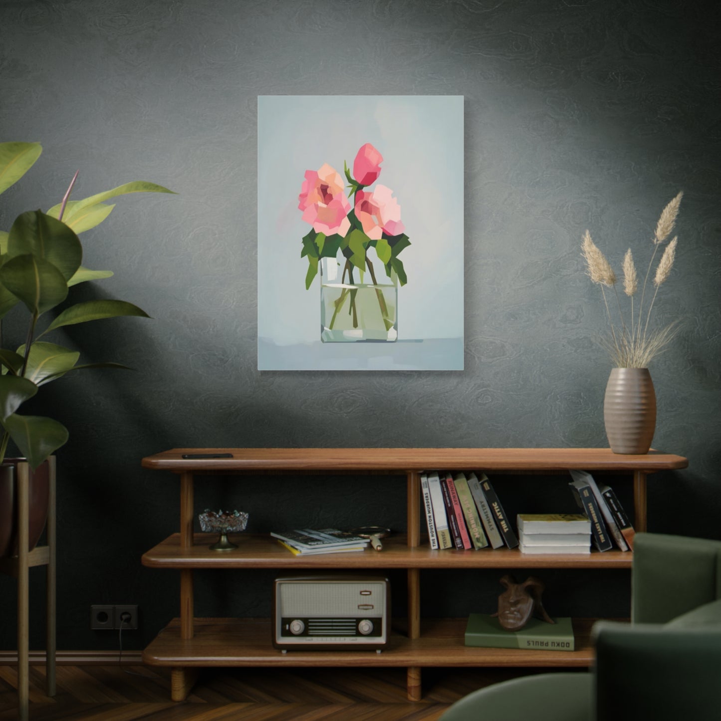 Pink Roses in Square Vase - Matte Stretched Canvas Wall Art