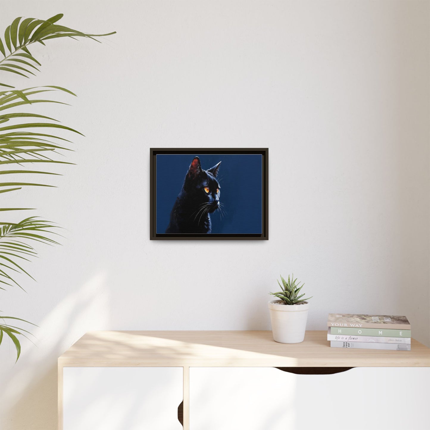 Black Cat Portrait Matte Canvas Framed Wall Art — Dramatic Feline Photo Print