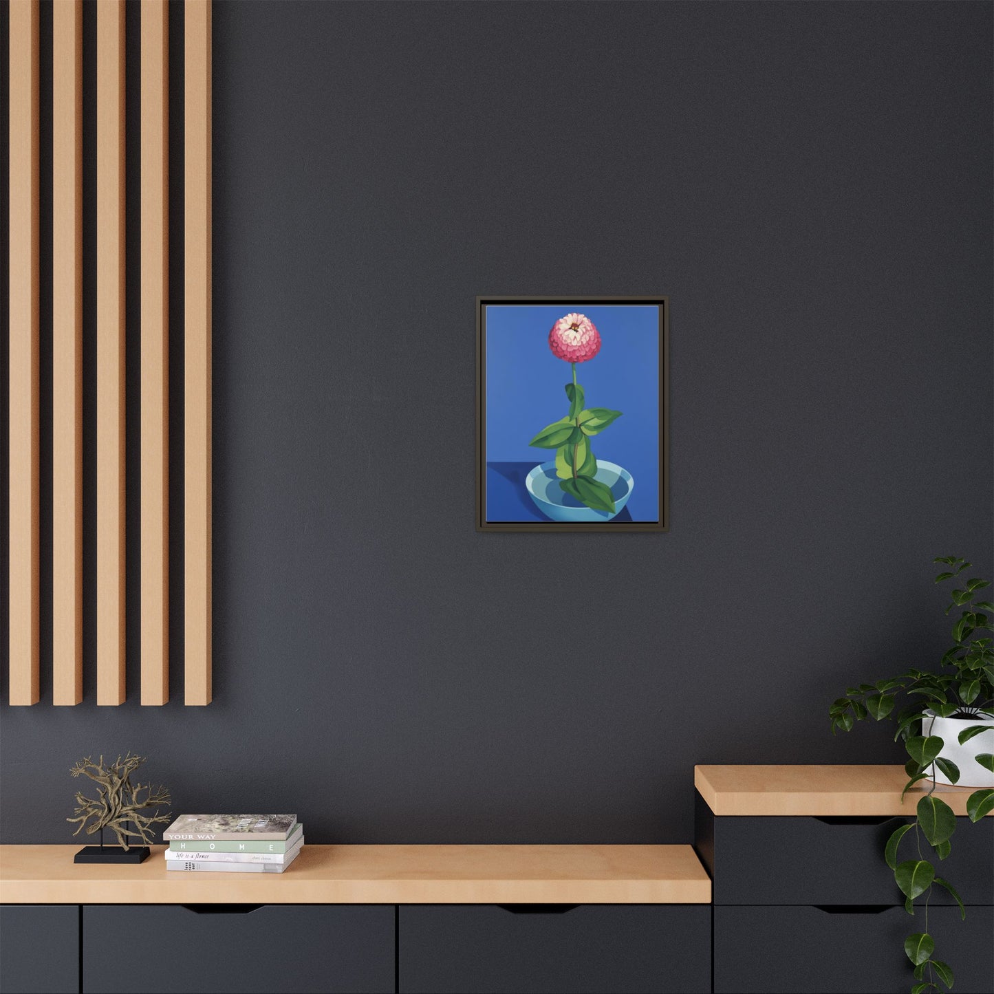 Framed Matte Canvas Art — Pink Zinnia in Blue Bowl (Botanical Still Life)