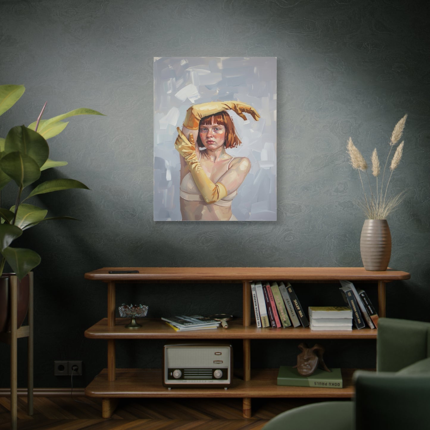 Portrait Canvas Print — Redheaded Woman with Yellow Gloves, Matte Stretched Art
