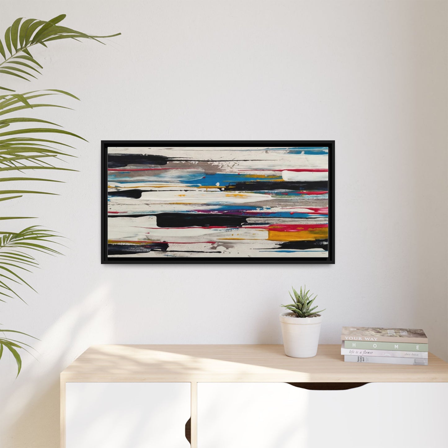 Abstract Multi-Color Framed Canvas Wall Art — Modern Horizontal Brushstroke Print