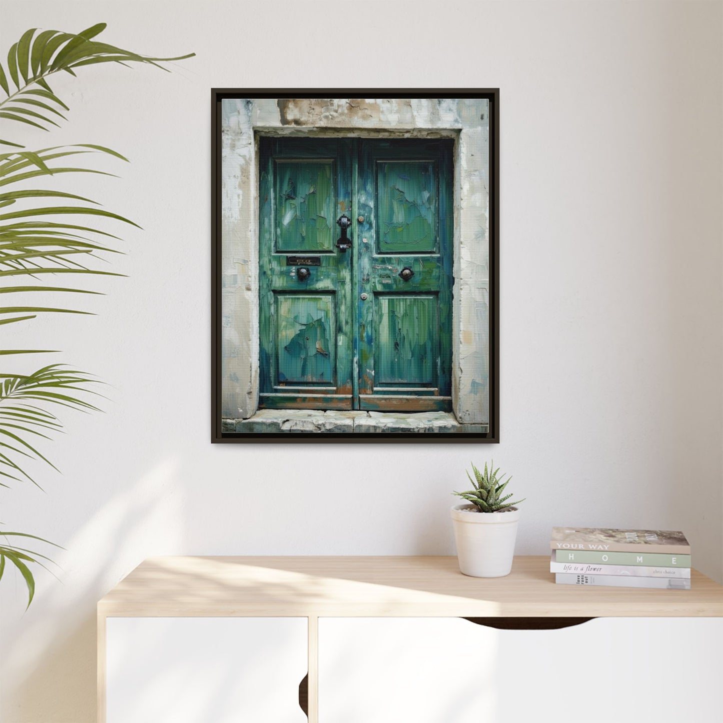 Framed Matte Canvas Art — Weathered Green Door Wall Print