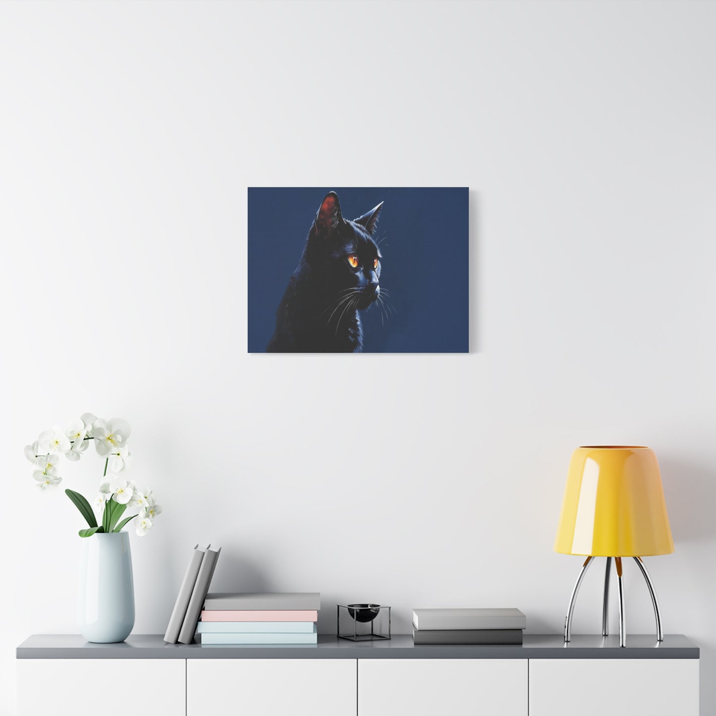 Matte Black Cat on blue background Canvas, Stretched, 1.25"
