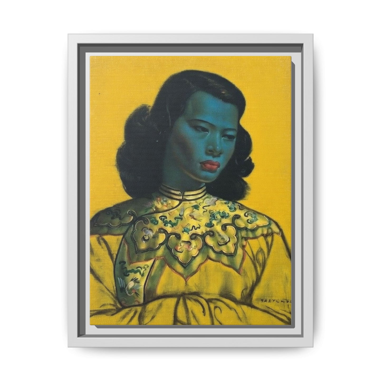 Framed Matte Canvas Art Print — Vintage Portrait with Yellow Background