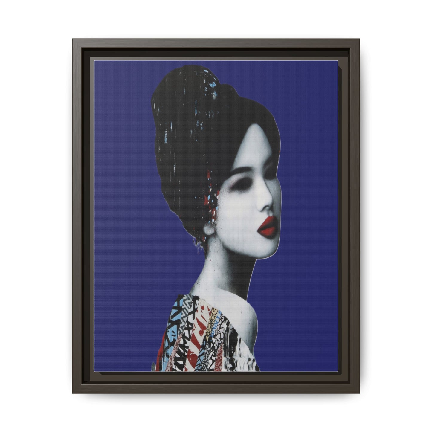 Framed Matte Canvas Art — Elegant Geisha Portrait on Deep Blue
