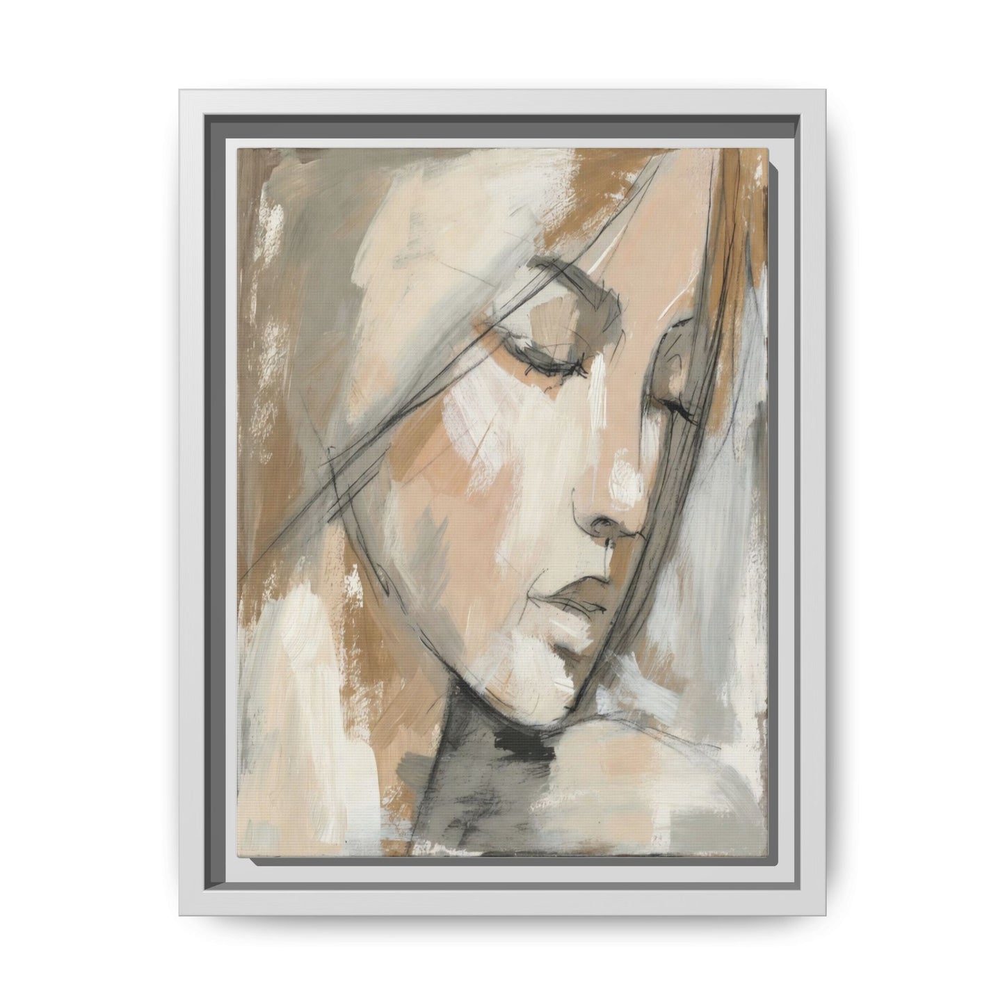 Framed Matte Canvas Art — Serene Abstract Portrait in Neutrals