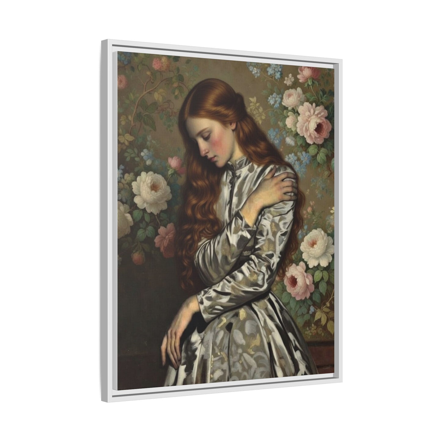 Framed Matte Canvas Art — Vintage Floral Portrait of a Young Woman