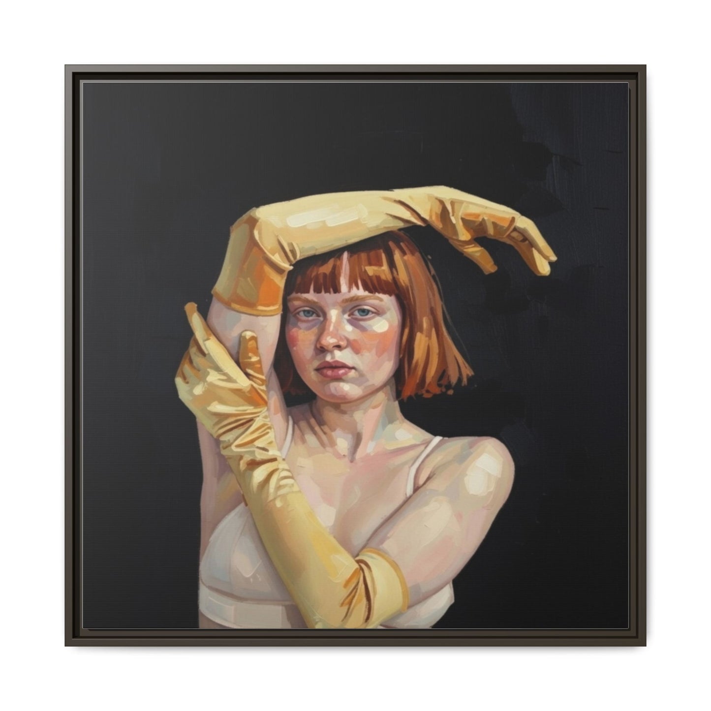 Framed Matte Canvas Art – Portrait of Woman in Yellow Gloves