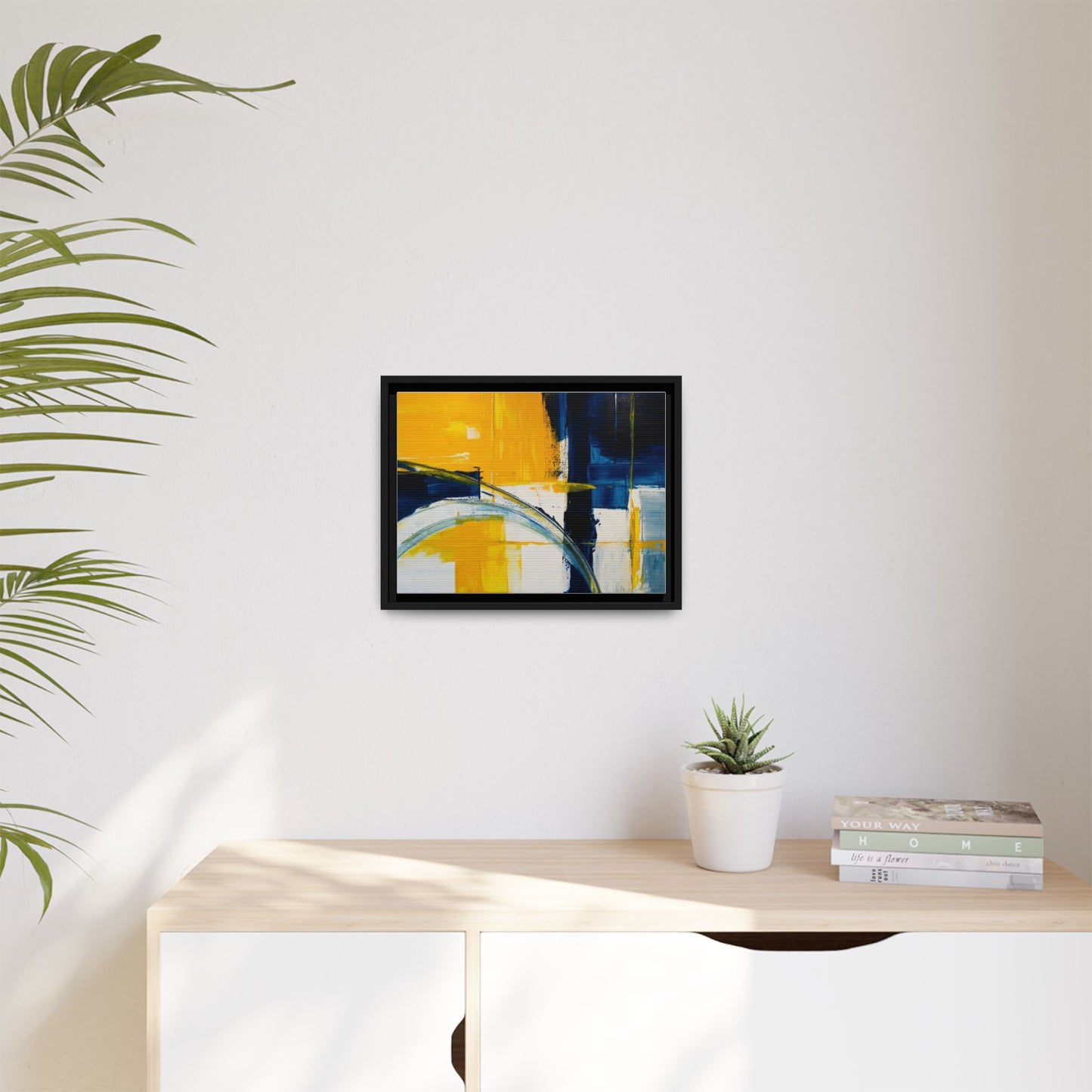 Abstract Yellow & Blue Framed Canvas Wall Art — Modern Matte Canvas Print
