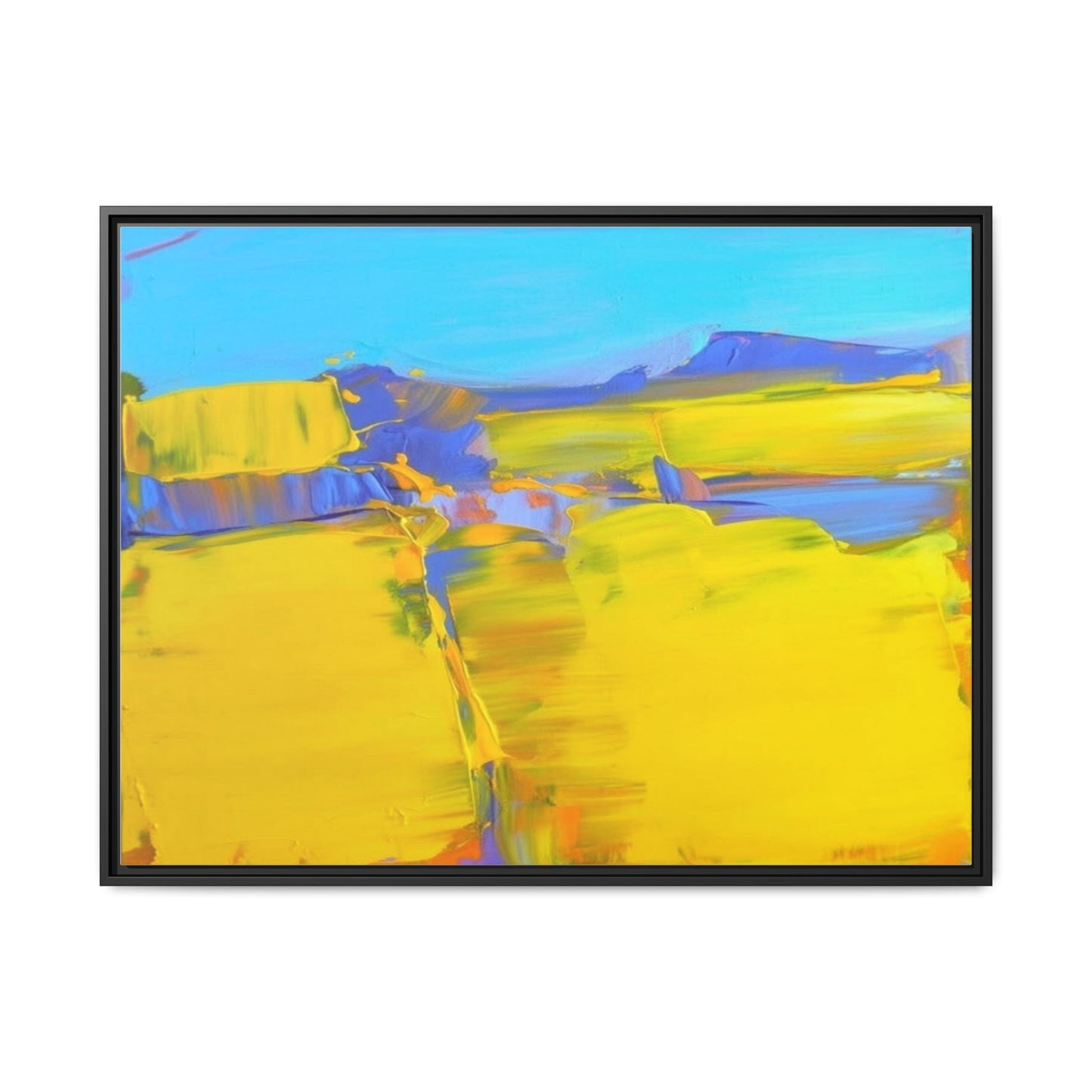 Framed Matte Canvas  Vibrant Yellow Blue Abstract Landscape Art