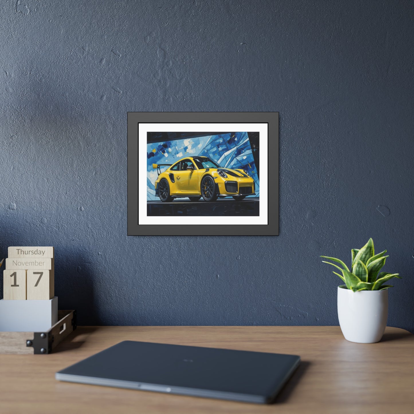 Framed Poster - Yellow Porsche Sports Car Art Print (Modern Automotive Wall Decor)