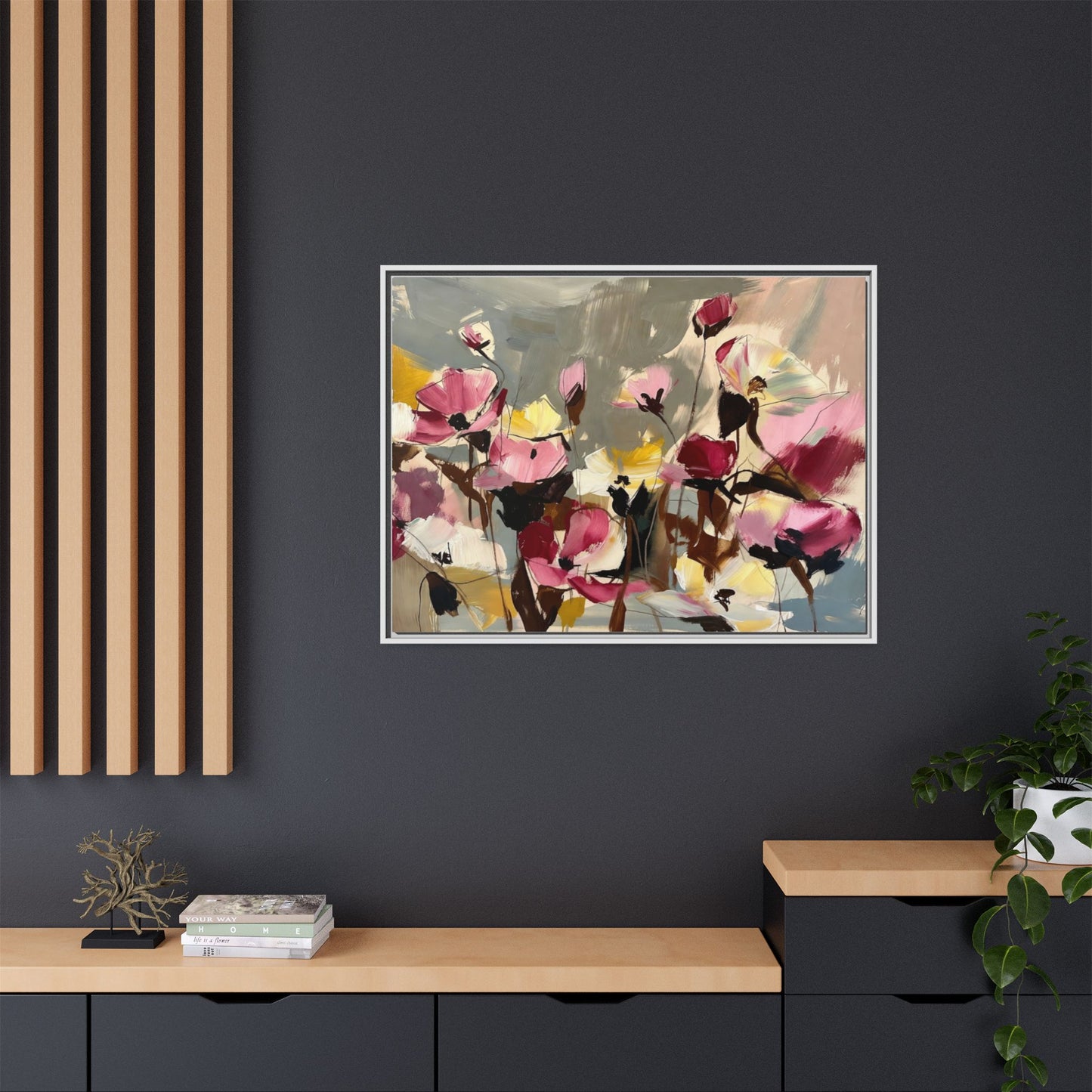 Framed Floral Canvas Wall Art — Abstract Pink & Yellow Flowers