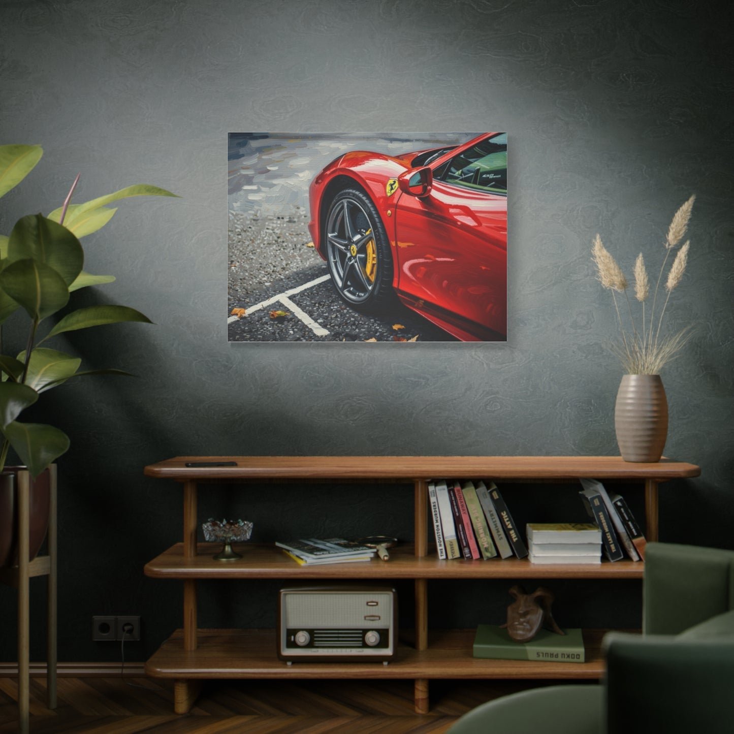 Red Sports Car Canvas Print — Ferrari Wheel Close-Up Matte Stretched Wall Art