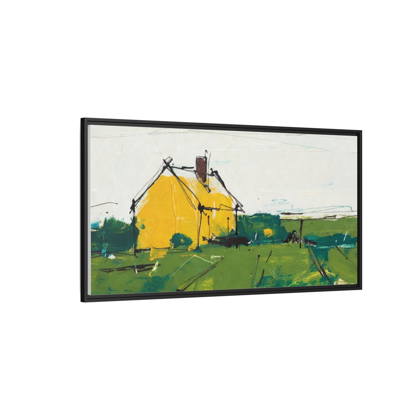 Yellow Cottage Landscape Framed Canvas Print