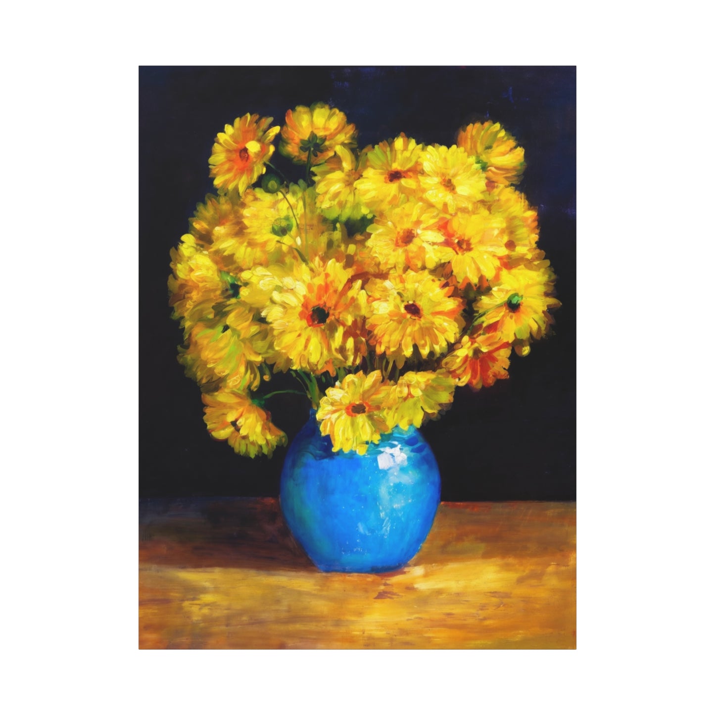 Yellow Chrysanthemum Canvas Wall Art — Blue Vase Floral Painting (Stretched Matte)