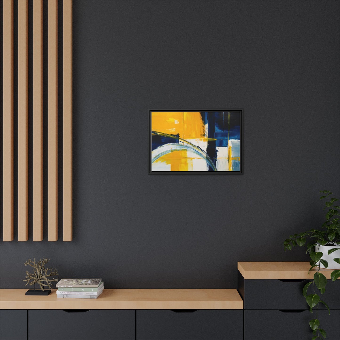 Abstract Yellow & Blue Framed Canvas Wall Art — Modern Matte Canvas Print