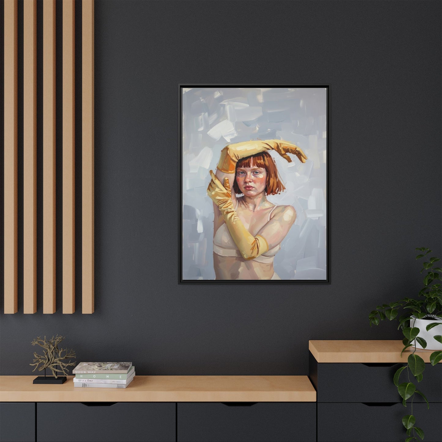 Contemporary Portrait Canvas Print — Woman with Yellow Gloves (Framed Matte)
