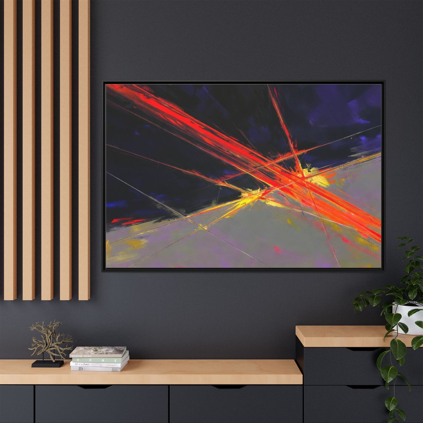 Abstract Red Streaks Framed Matte Canvas Art — Modern Multi‑Color Wall Decor