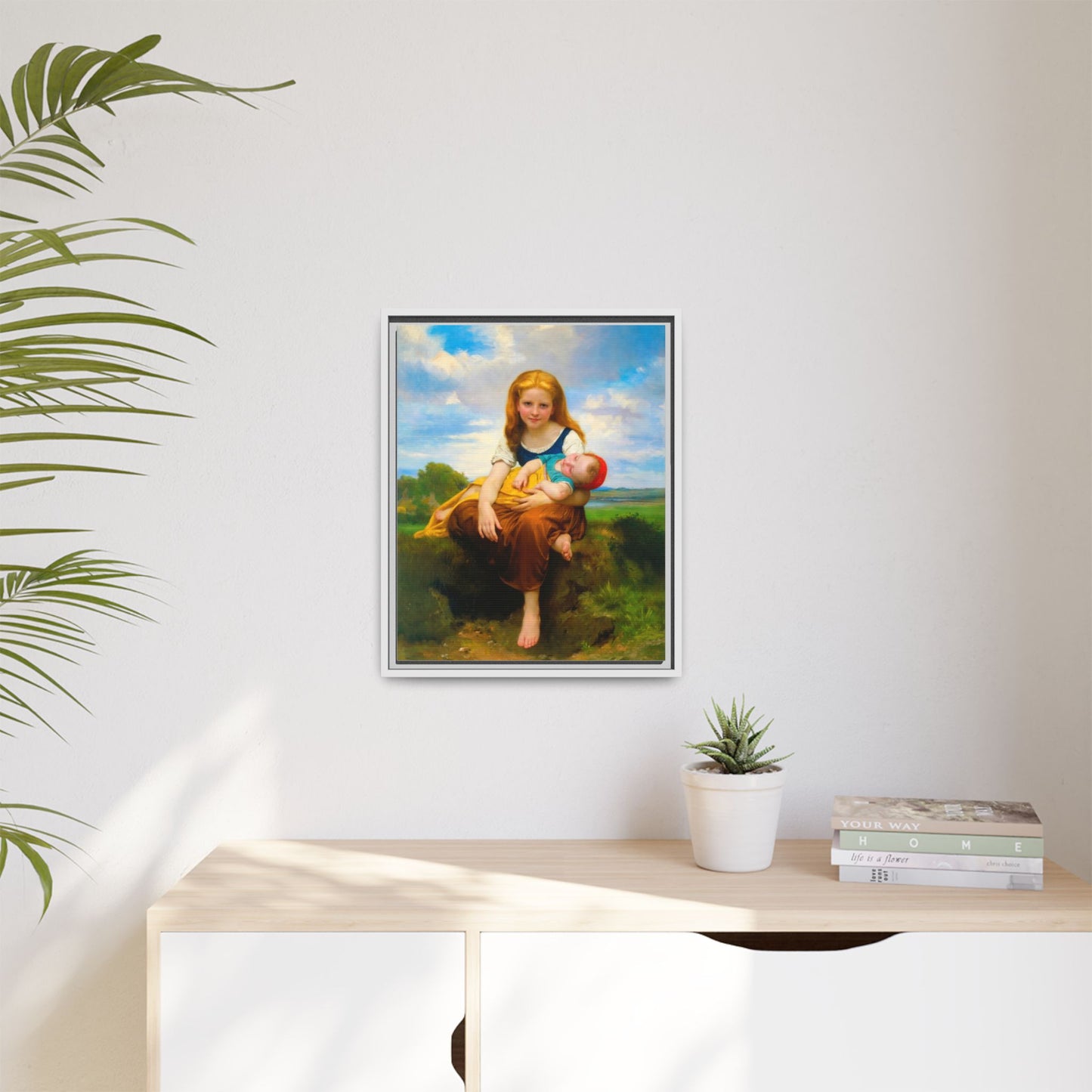 Young Girl Holding Sleeping Baby Canvas Print, Framed Wall Art