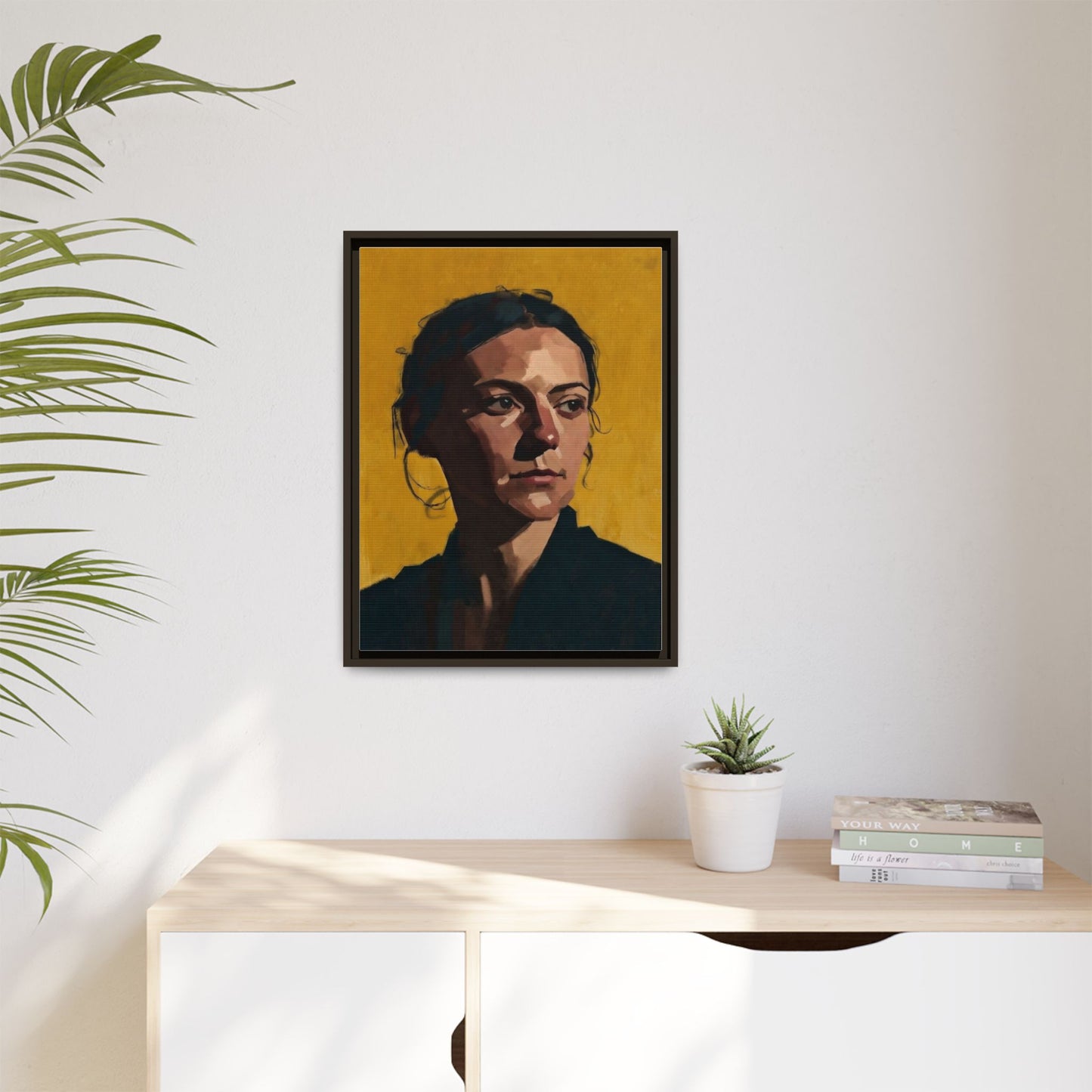 Framed Matte Canvas Portrait Art — Moody Woman on Mustard Background