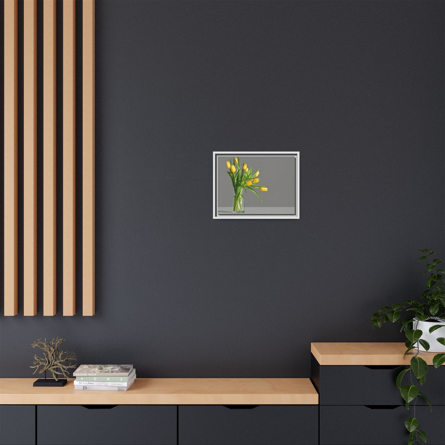 Framed Matte Canvas Art — Yellow Tulip Vase Wall Print