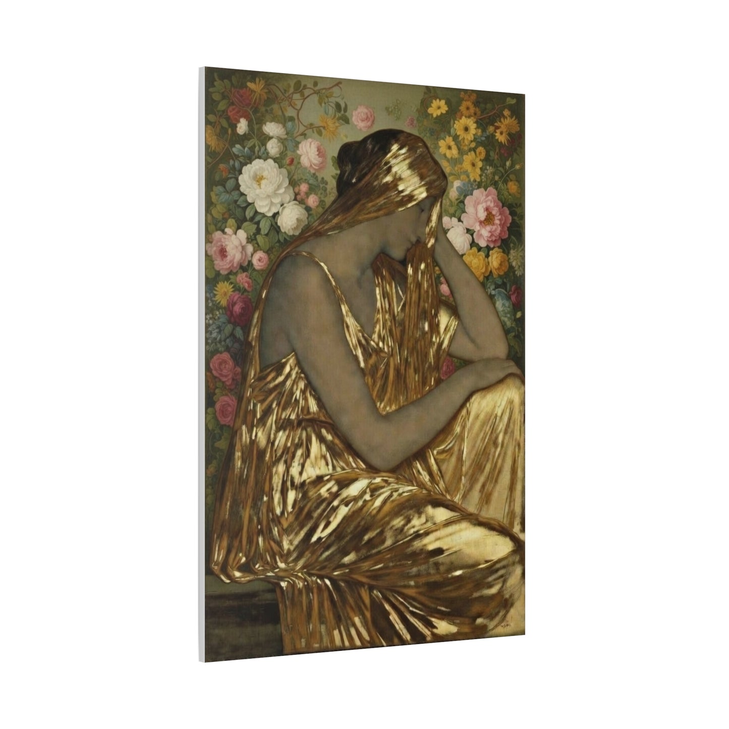 Golden Muse Canvas Print — Woman in Gold Floral Art (Stretched Matte)