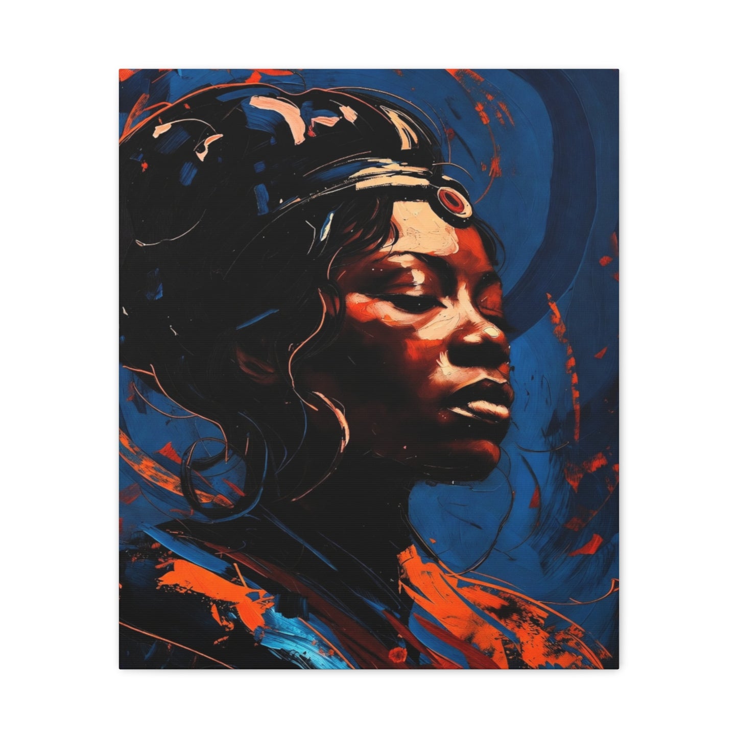 Regal Afrocentric Portrait Matte Canvas Art – Vibrant Blue & Orange Stretched Wall Decor