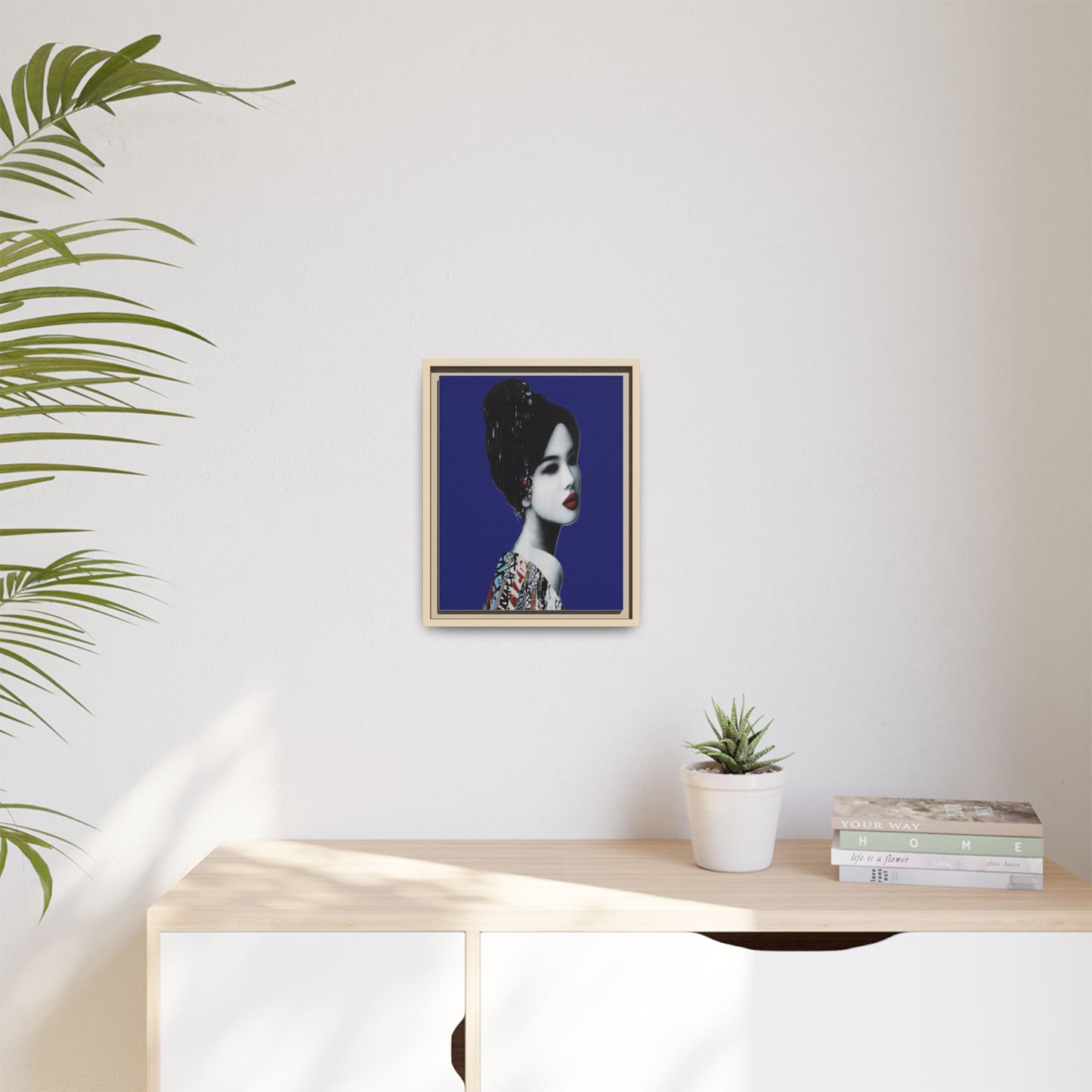 Framed Matte Canvas Art — Elegant Geisha Portrait on Deep Blue