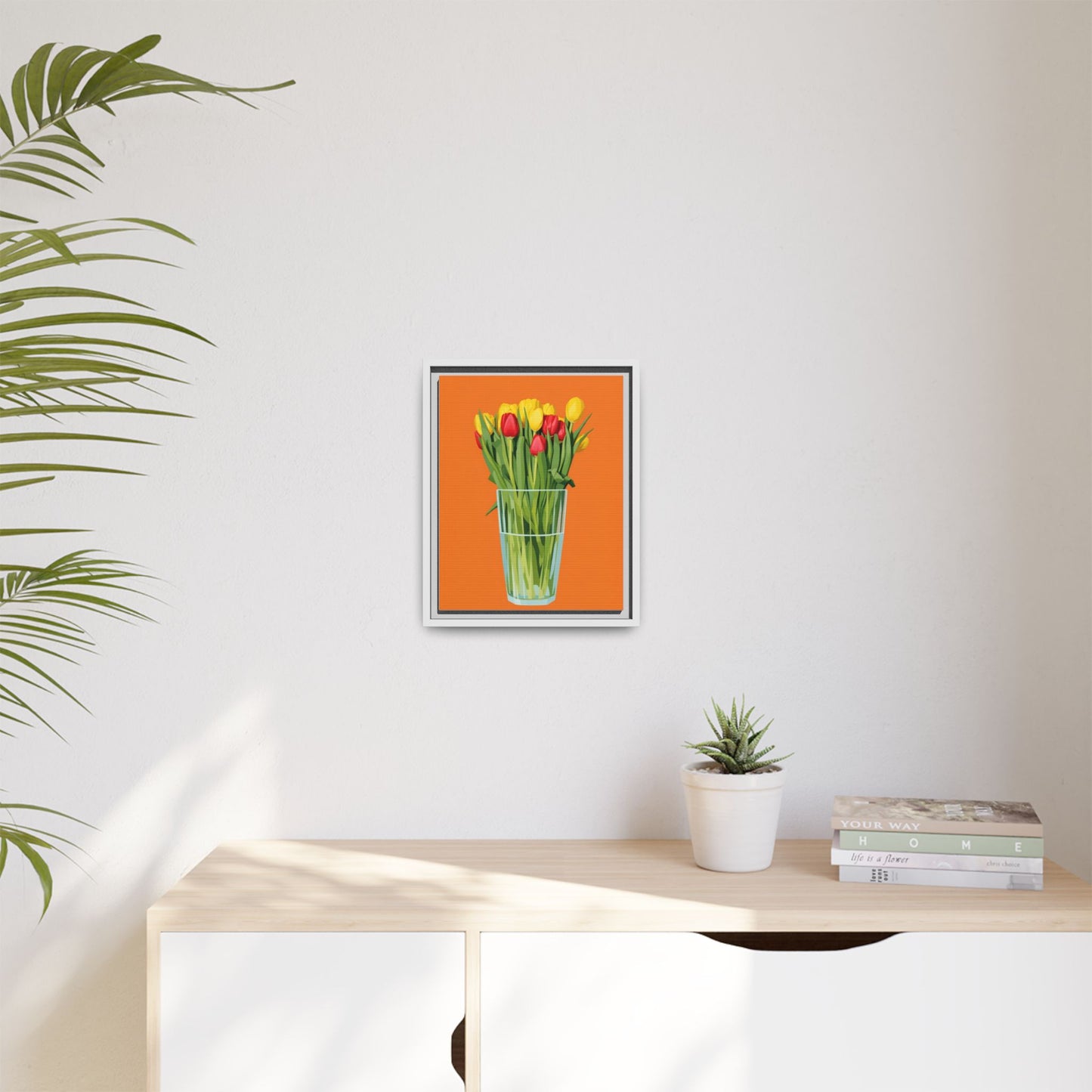 Framed Tulip Canvas Print — Colorful Tulips in Glass Vase