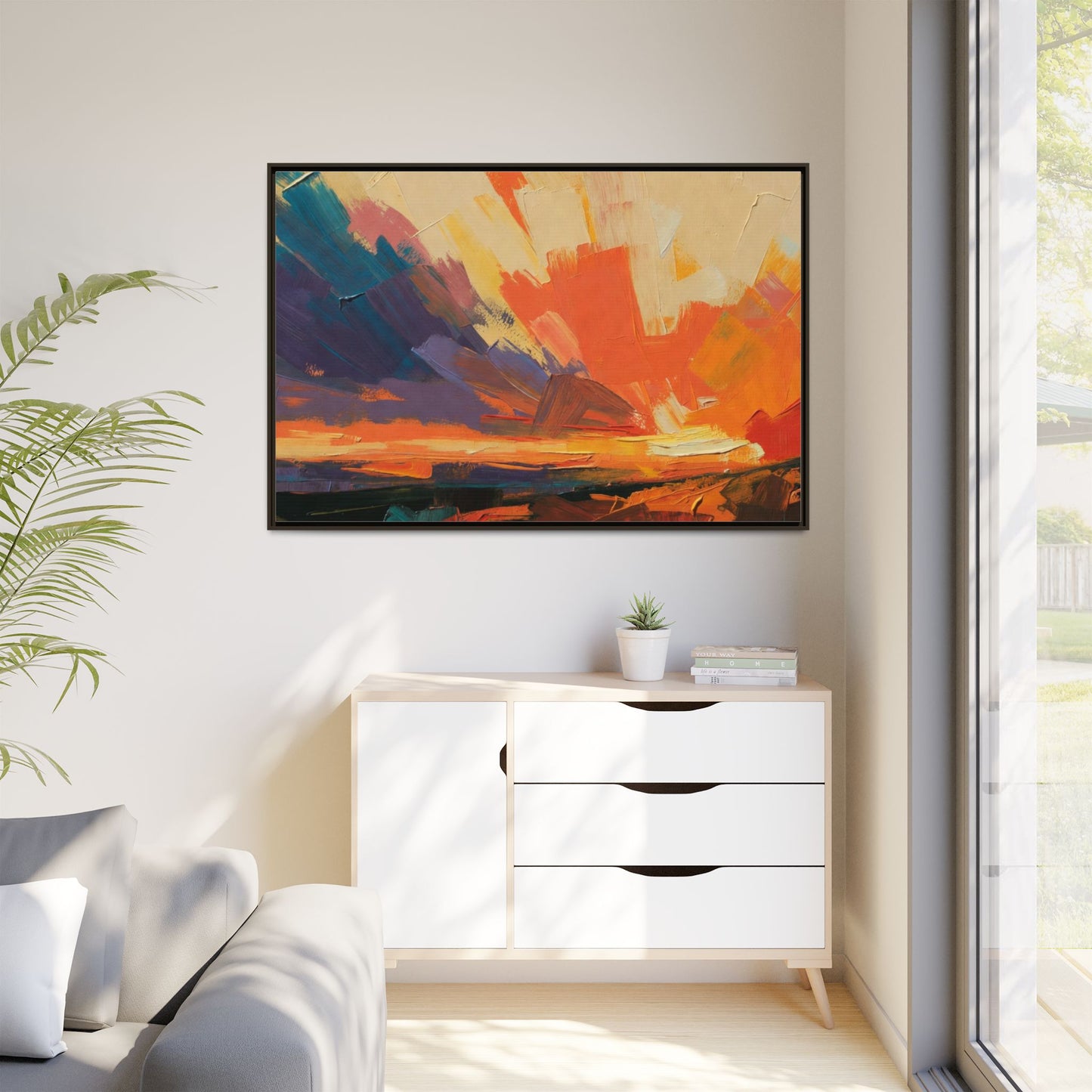 Framed Abstract Sunset Canvas Art – Multicolor Matte Wall Decor