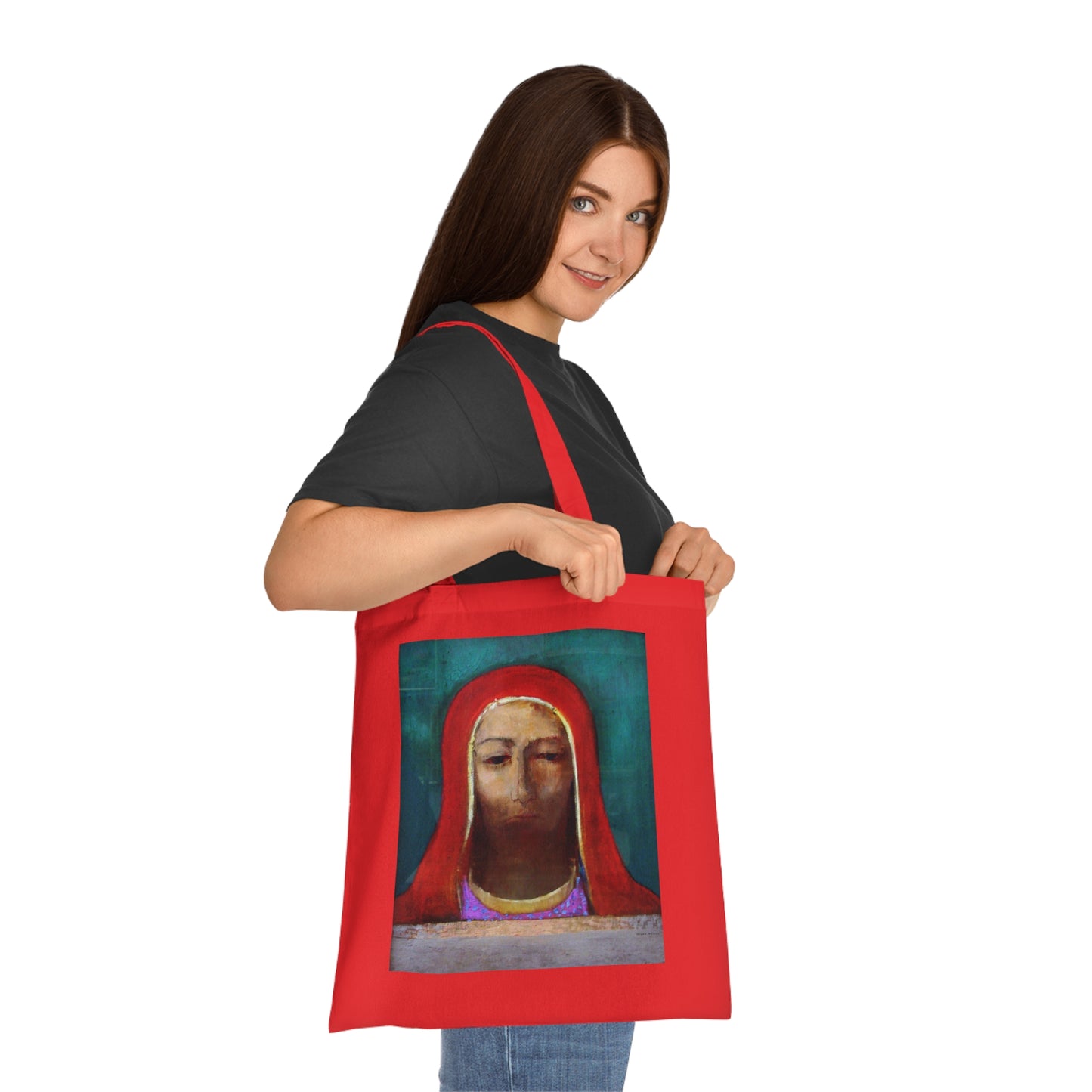 Art Portrait Tote Bag — Serene Red-Hooded Figure Canvas Cotton Tote
