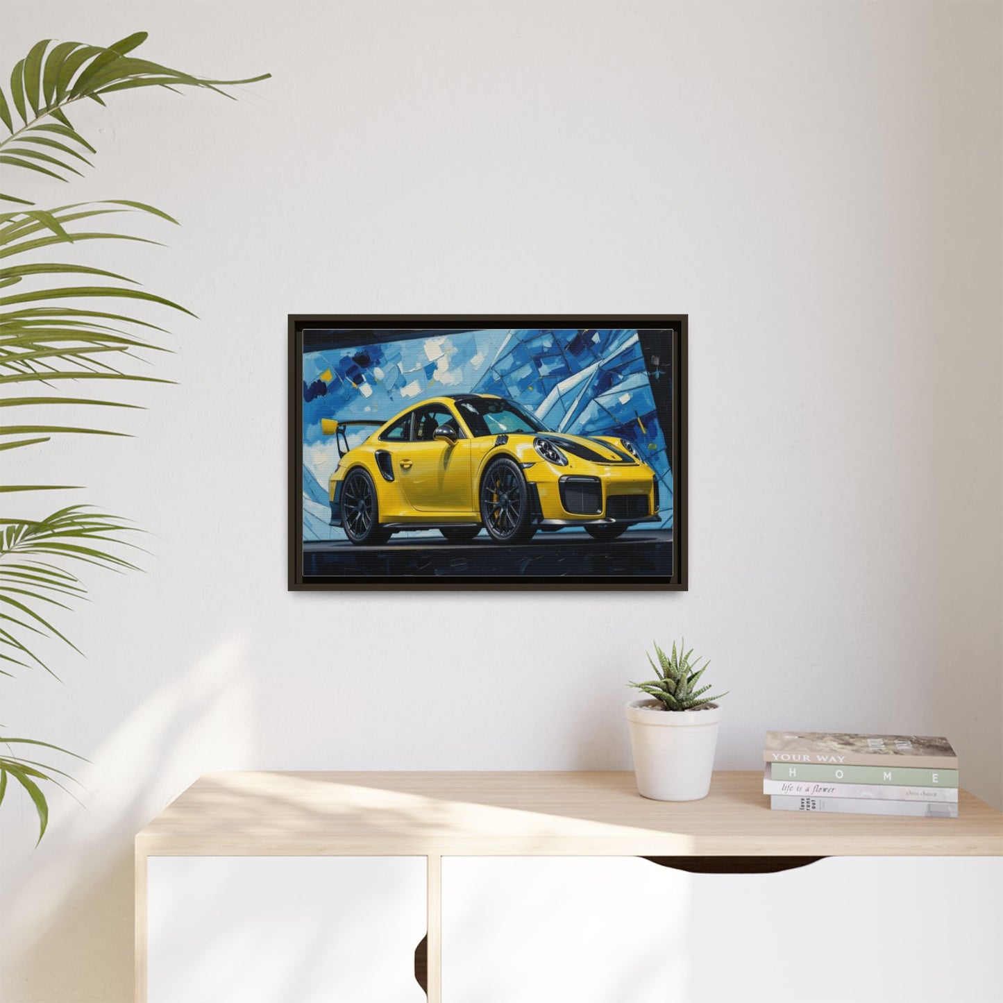 Yellow Porsche Sports Car Matte Framed Canvas – Modern Automotive Wall Art