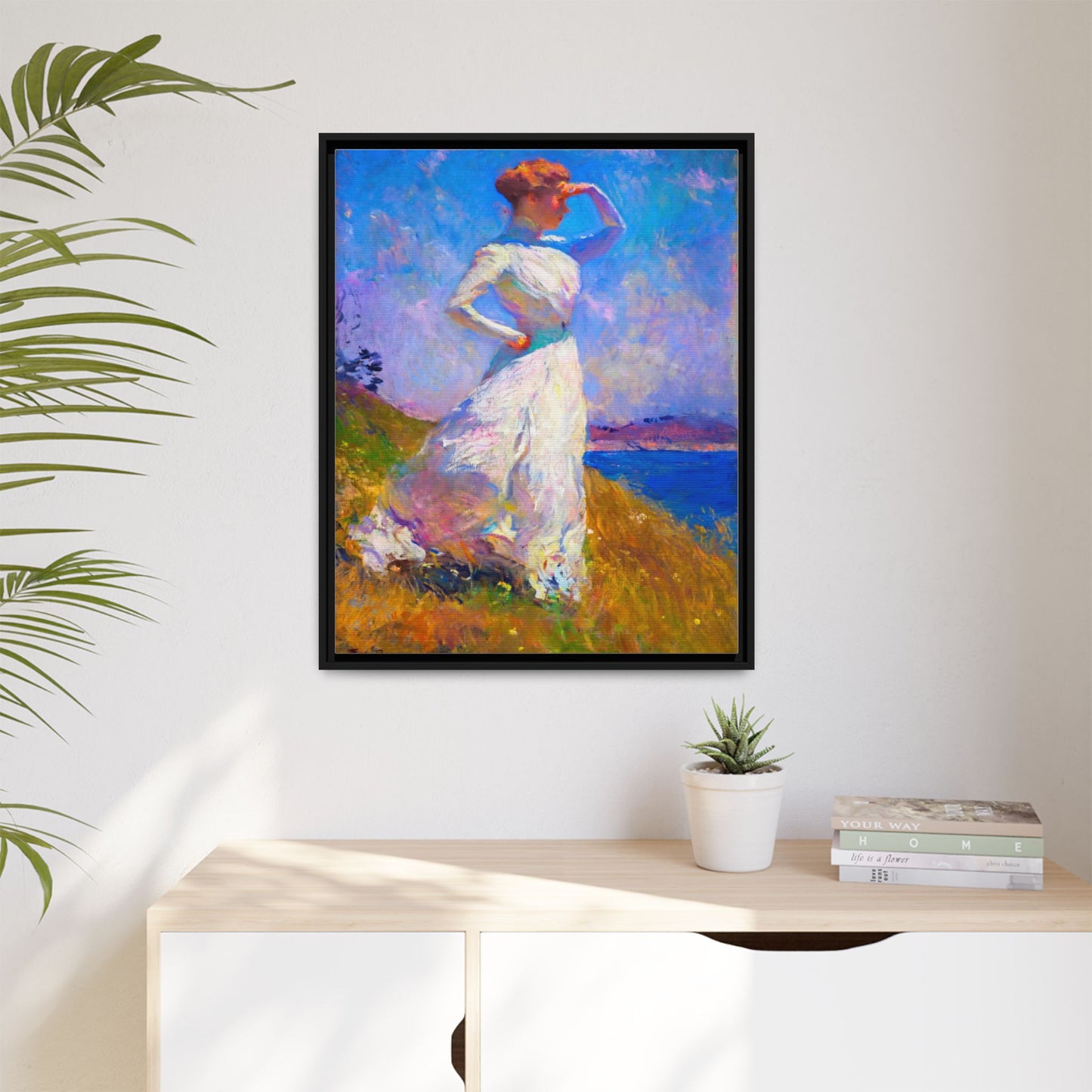 Framed Matte Canvas Art - Woman in White Seaside Impressionist Print