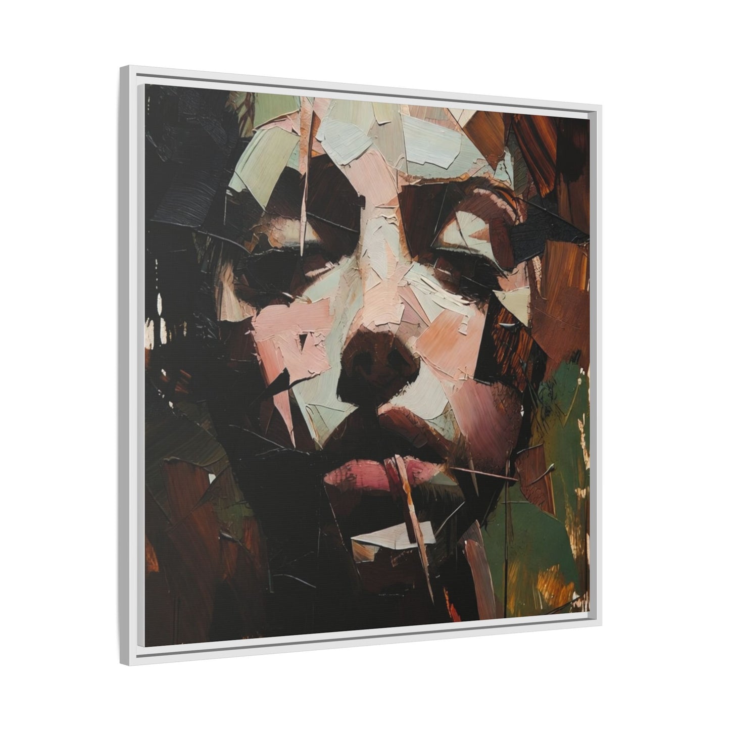 Matte Framed Canvas Art — Abstract Female Portrait, Moody Multicolor