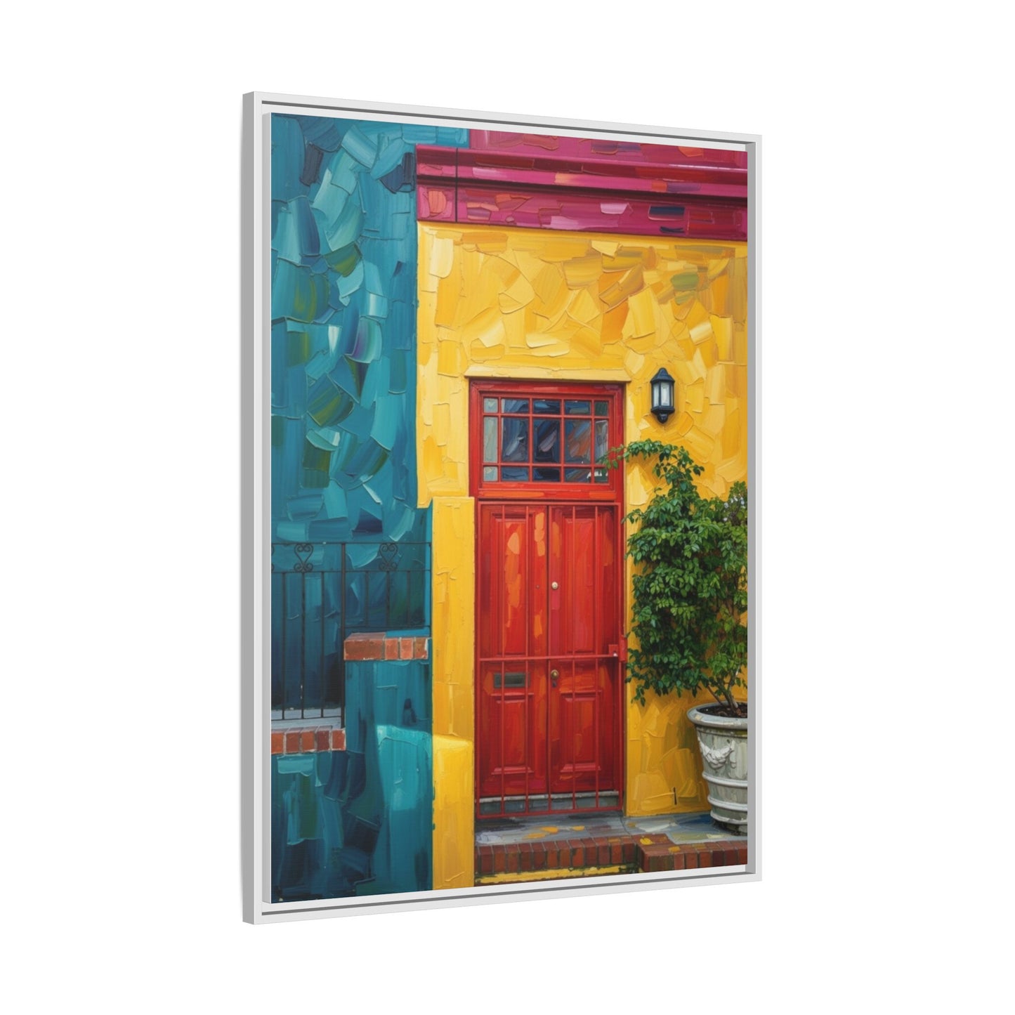 Framed Matte Canvas Wall Art — Colorful Red Door on Yellow Facade