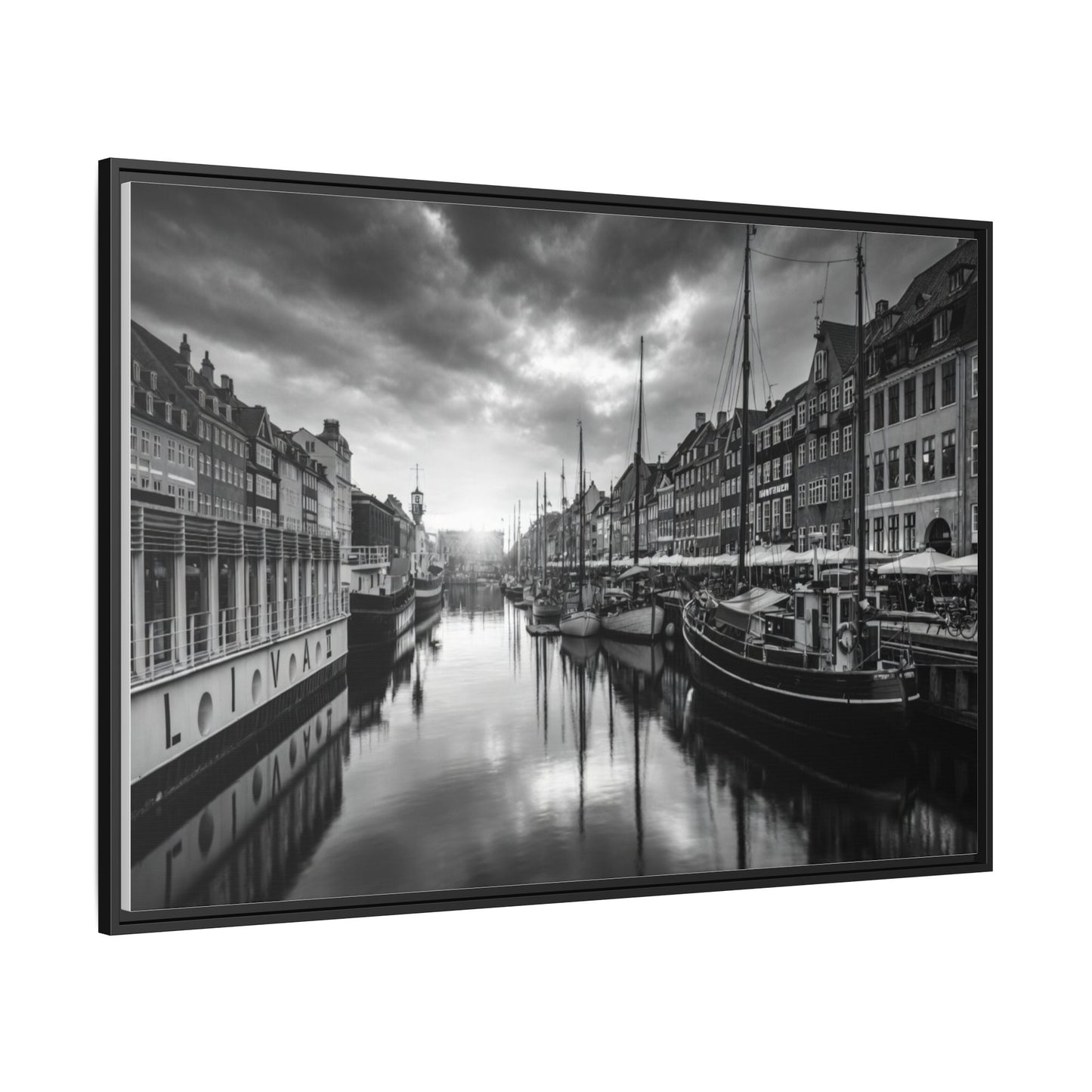 Framed Matte Canvas: Black & White Dutch Canal Photography Wall Art
