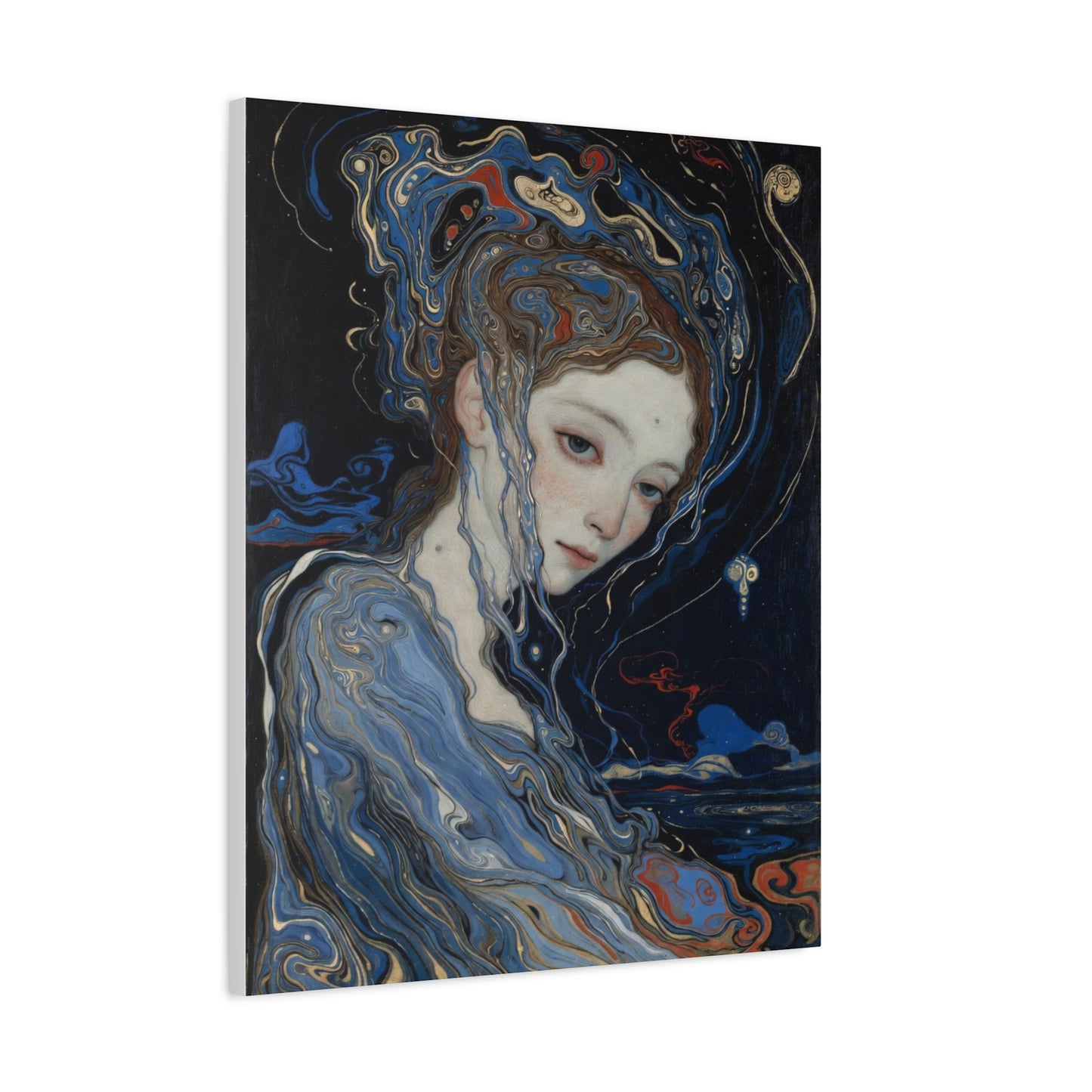 Ethereal Siren Matte Canvas Wall Art — Surreal Blue Portrait, Stretched 1.25"