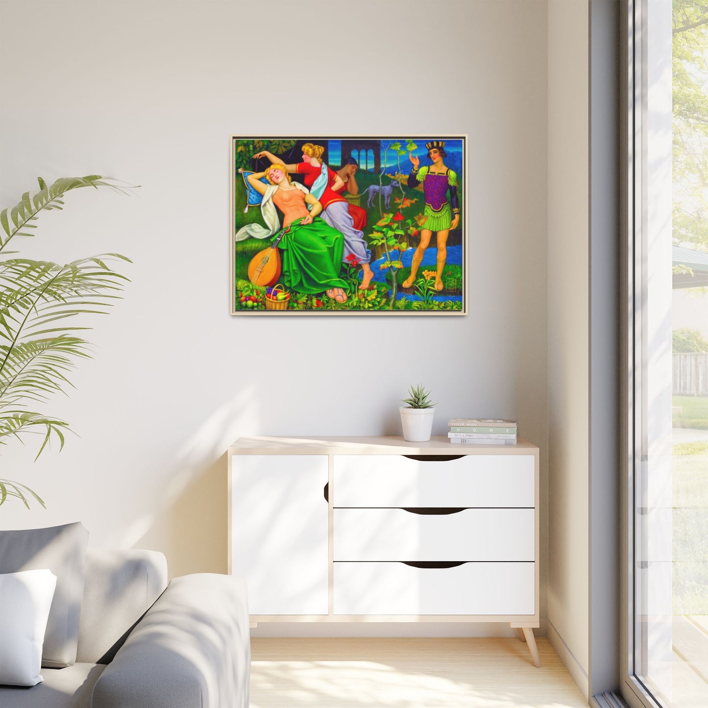 Framed Matte Canvas Art — Colorful Mythic Garden Scene