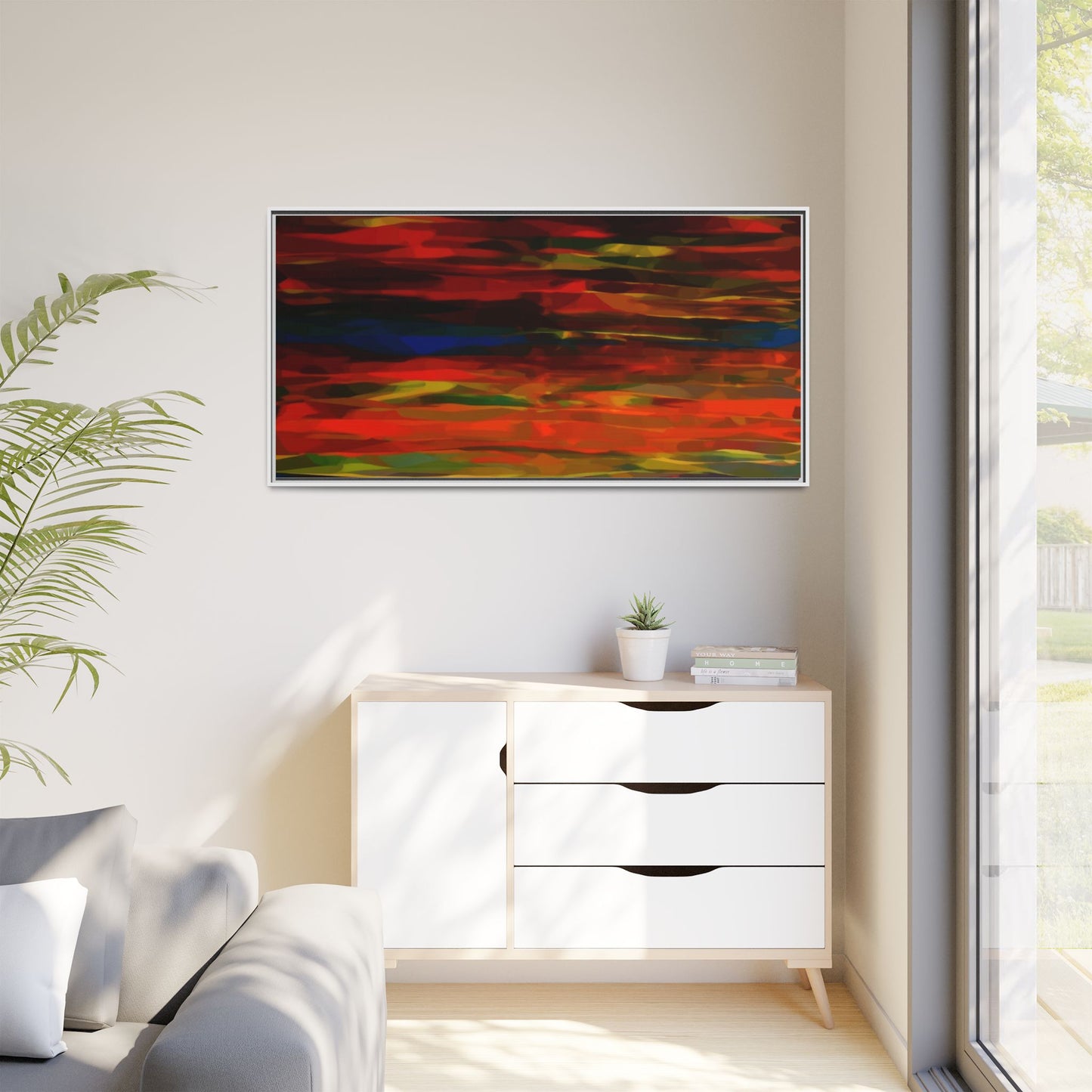 Abstract Multi-Color Matte Canvas Framed Wall Art — Bold Red & Blue Modern Painting