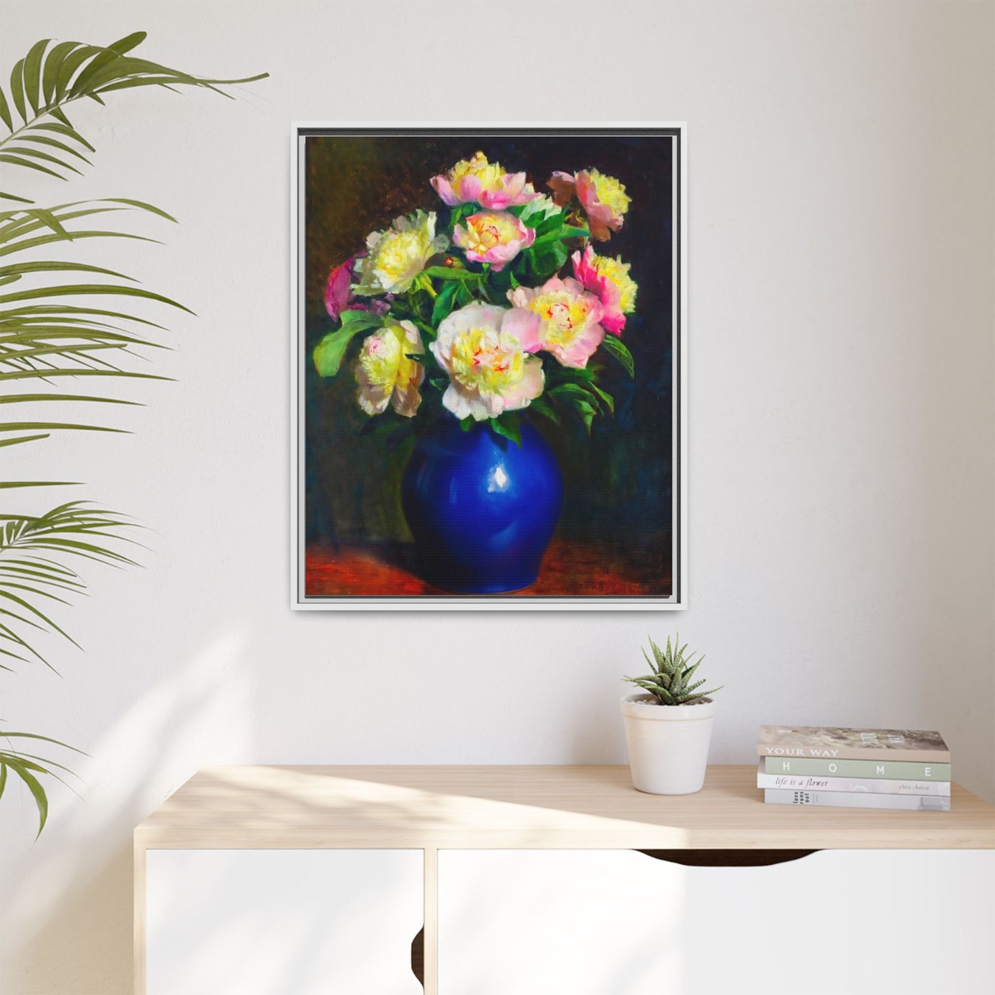 Framed Matte Canvas Wall Art — Vintage Floral Bouquet in Blue Vase