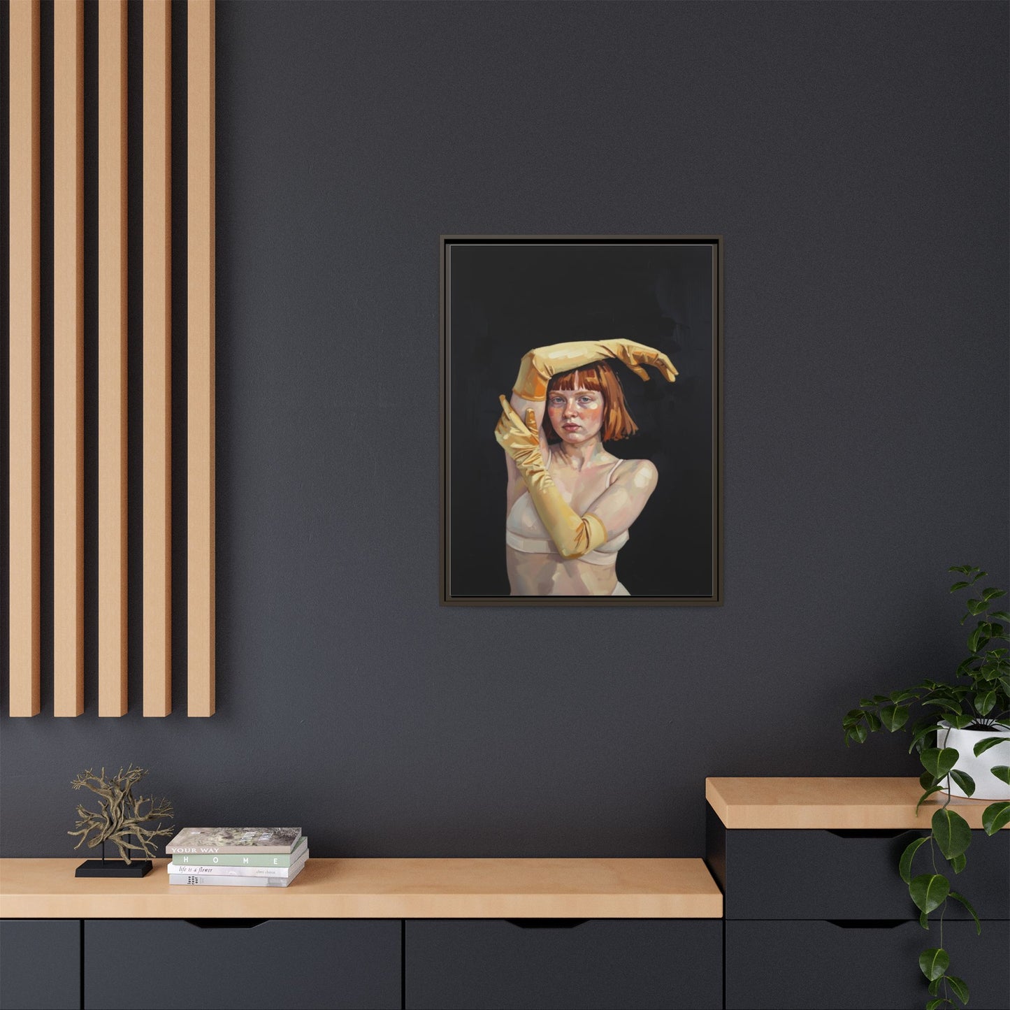 Framed Matte Canvas Art – Portrait of Woman in Yellow Gloves