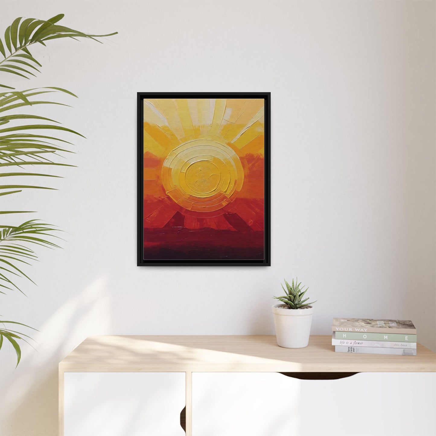 Sunburst Abstract Framed Canvas Art — Matte Multi‑Color Wall Print