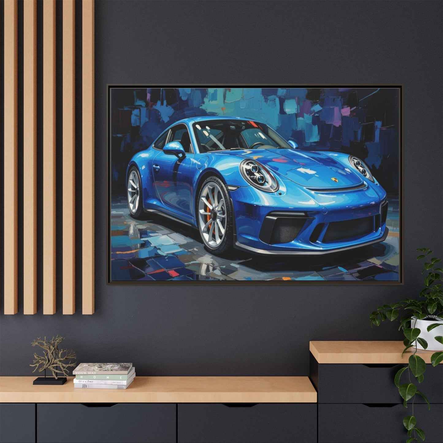 Blue Sports Car Matte Canvas Framed Print — Modern Automotive Wall Art