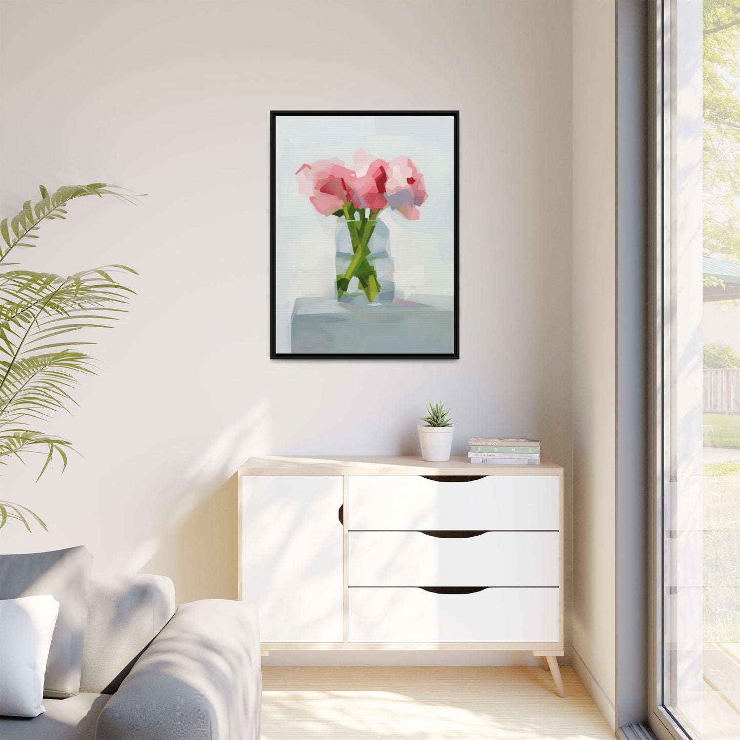 Framed Floral Canvas Art — Pink Peonies in Vase (Matte)