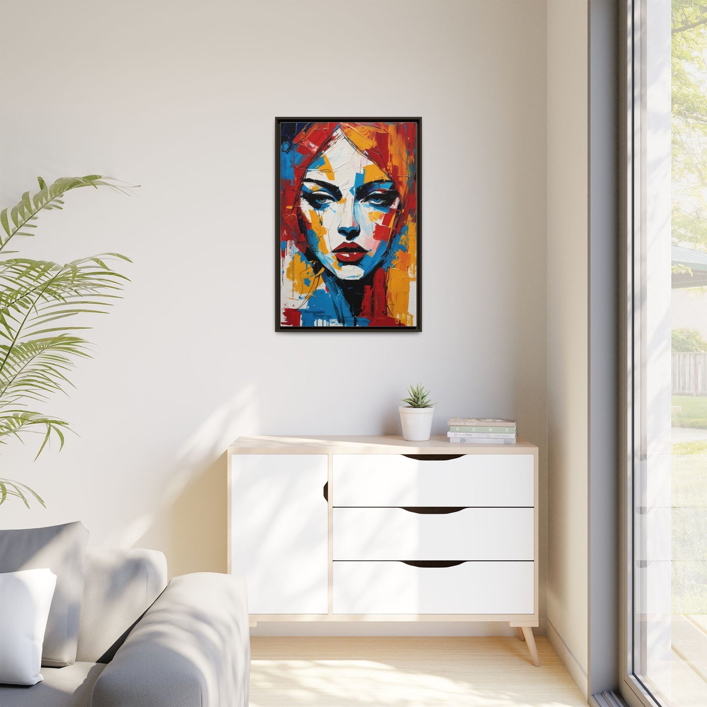 Framed Abstract Portrait Canvas — Colorful Female Face Wall Art