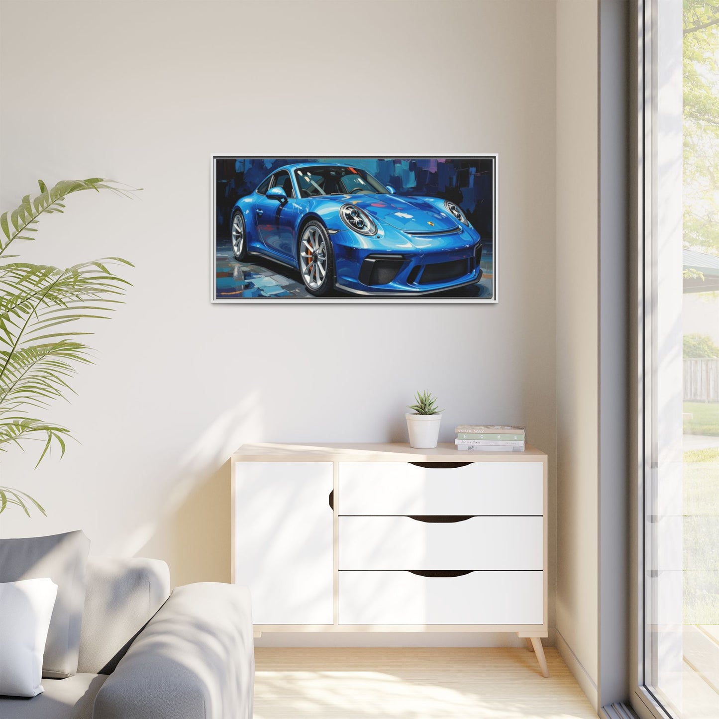 Blue Sports Car Matte Canvas Framed Print — Modern Automotive Wall Art