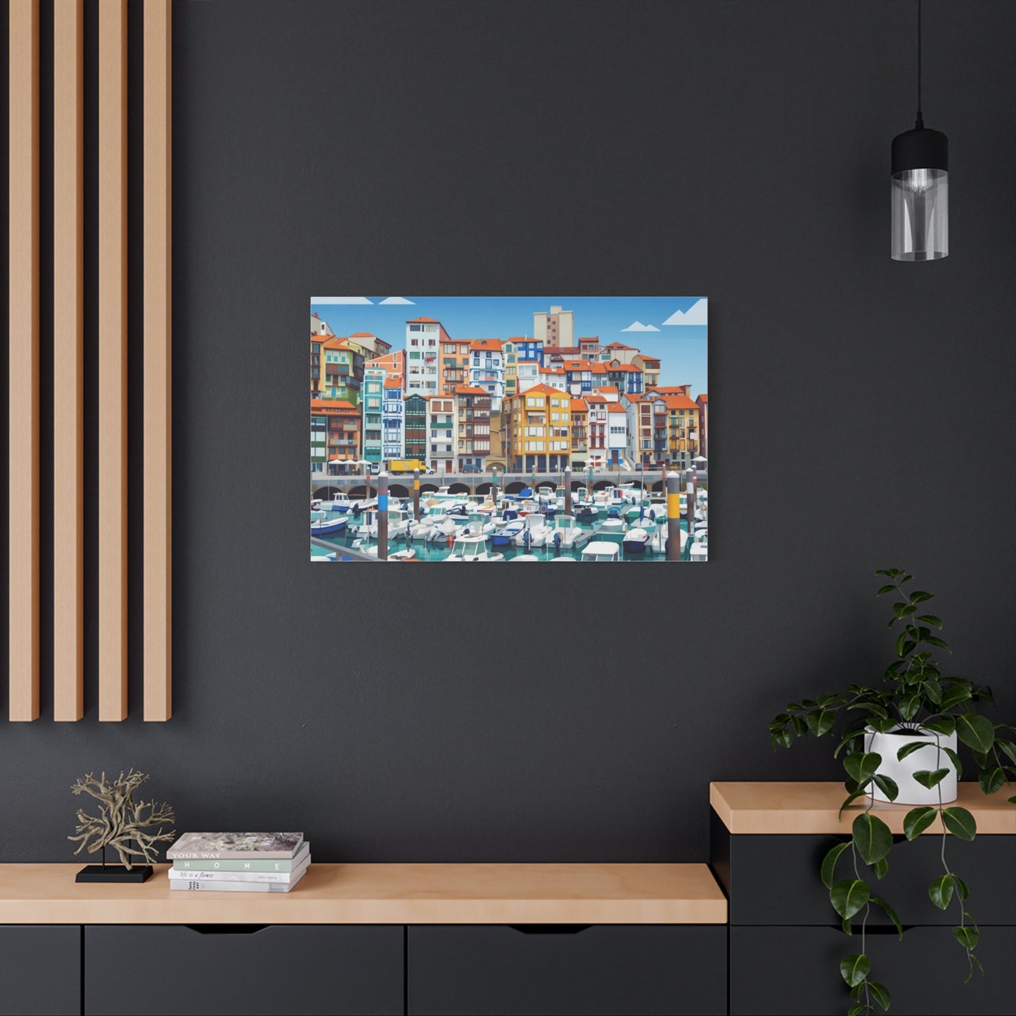 Colorful Coastal Harbor Matte Canvas Print — Stretched Wall Art