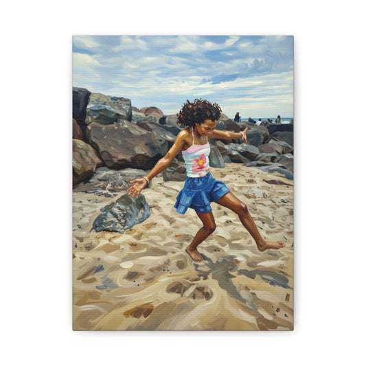 Beach Joy Canvas Print — Child Playing on Sand Stretched Matte Wall Art